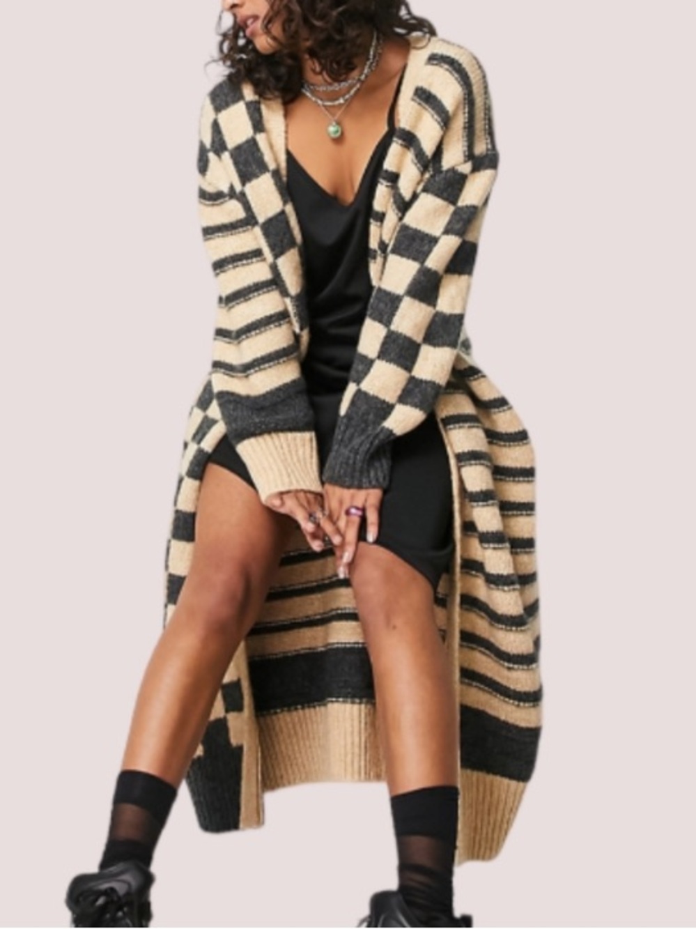 Topshop Checker Print Thick Knit Duster Cardigan*Petite